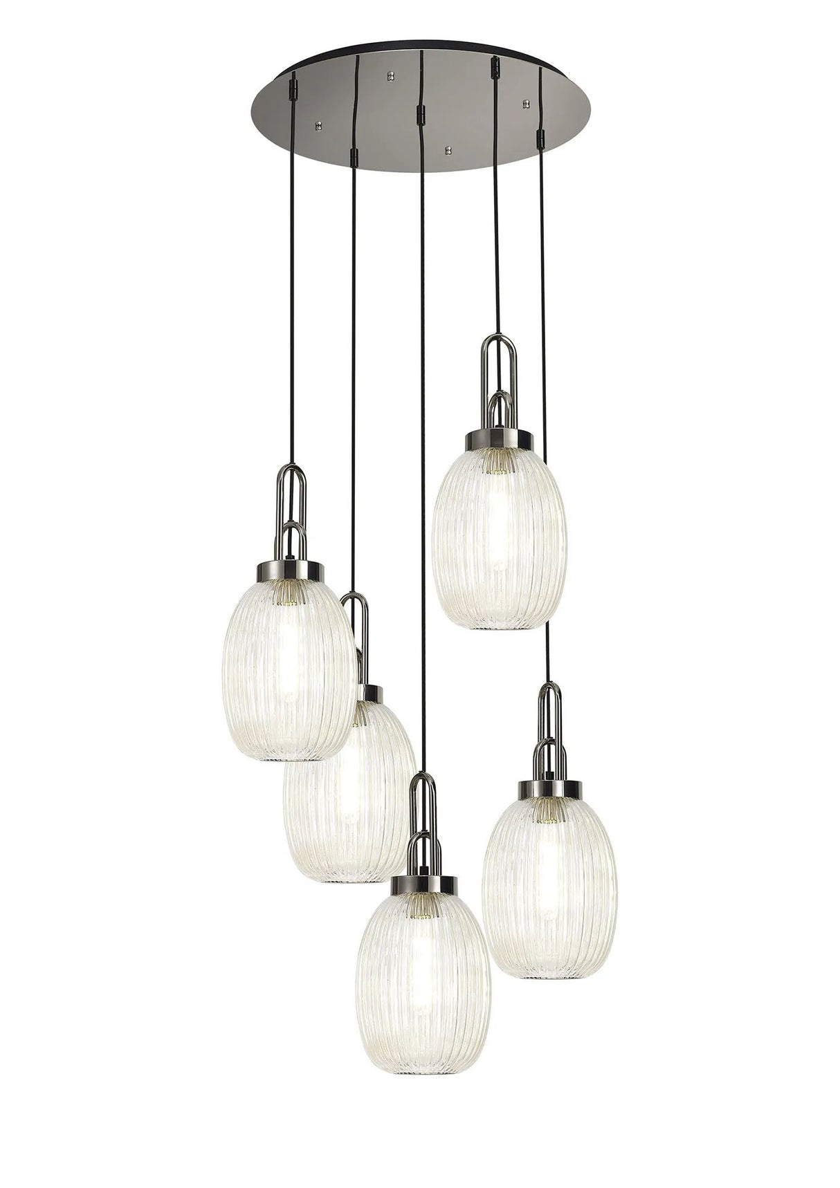 Allardyce Round 5 Light Pendant With 20cm Almond Ribbed Glass, Polished Nickel/Matt Black Champagne