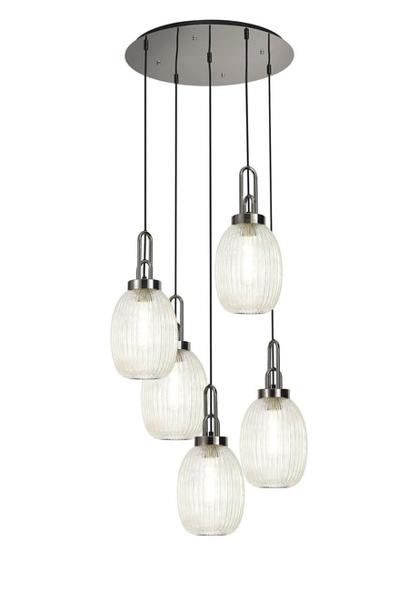 Allardyce Round 5 Light Pendant With 20cm Almond Ribbed Glass, Polished Nickel/Matt Black Champagne