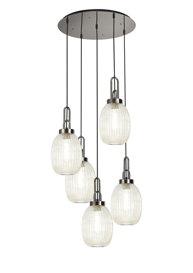 Allardyce Round 5 Light Pendant With 20cm Almond Ribbed Glass, Polished Nickel/Matt Black Champagne