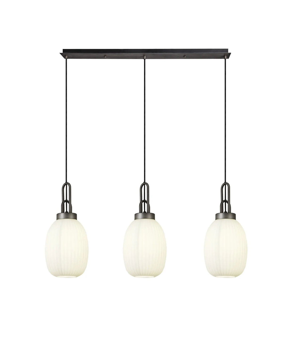 Allardyce Linear 3 Light Pendant With 20cm Almond Ribbed Glass, Aged Pewter/Matt Black Opal