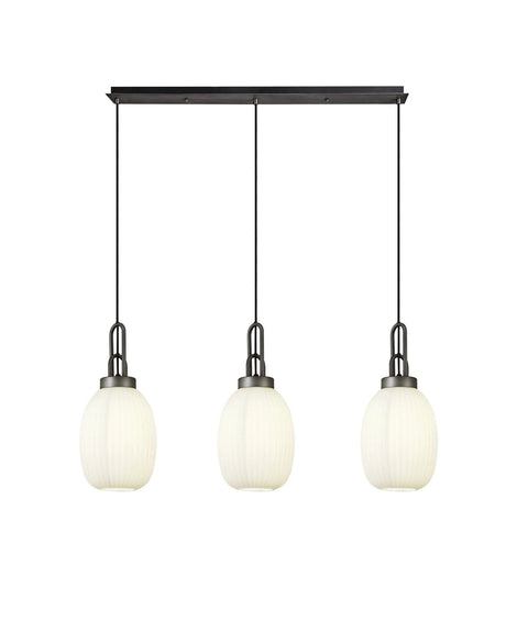 Allardyce Linear 3 Light Pendant With 20cm Almond Ribbed Glass, Aged Pewter/Matt Black Opal