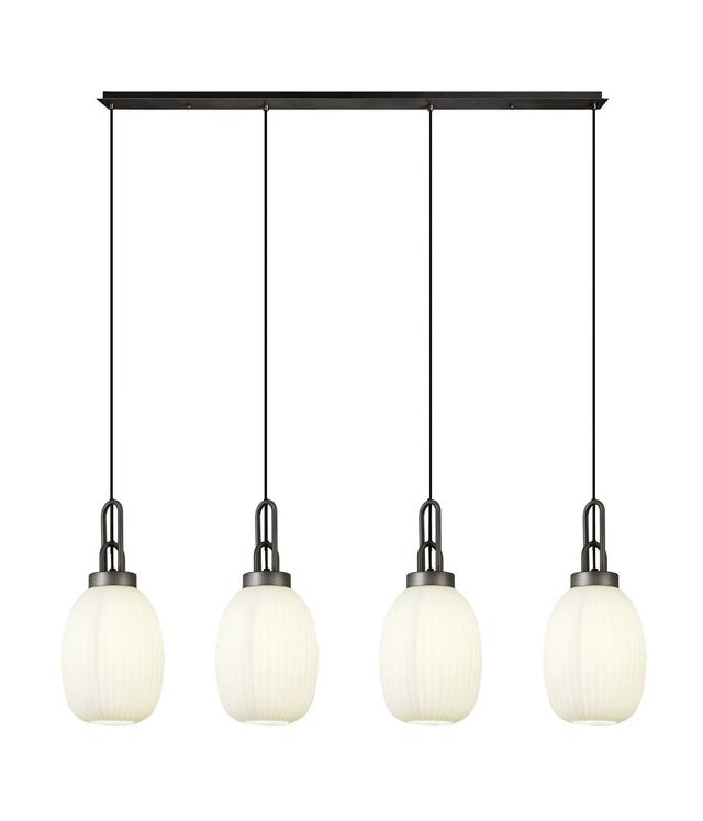 Allardyce Linear 4 Light Pendant With 20cm Almond Ribbed Glass, Aged Pewter/Matt Black Opal