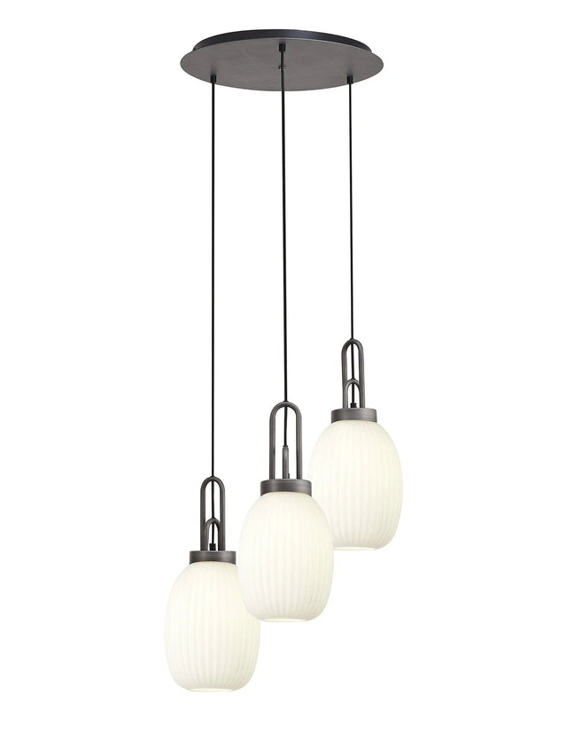 Allardyce Round 3 Light Pendant With 20cm Almond Ribbed Glass, Aged Pewter/Matt Black Opal