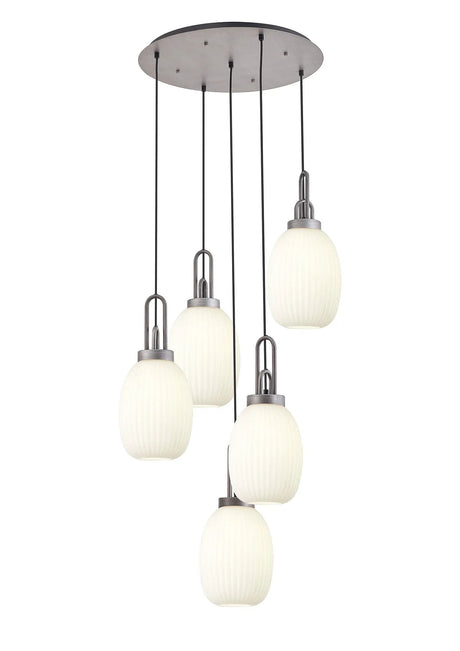 Allardyce Round 5 Light Pendant With 20cm Almond Ribbed Glass, Aged Pewter/Matt Black Opal