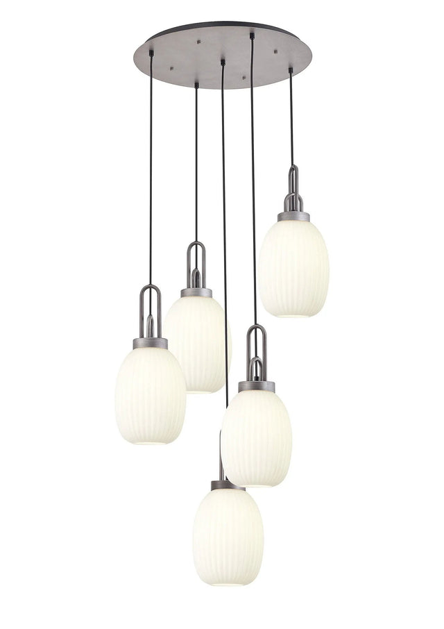 Allardyce Round 5 Light Pendant With 20cm Almond Ribbed Glass, Aged Pewter/Matt Black Opal