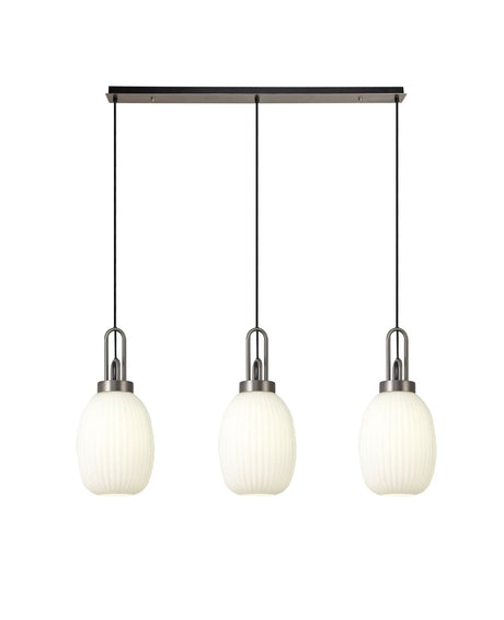 Allardyce Linear 3 Light Pendant With 20cm Almond Ribbed Glass, Antique Silver/Matt Black Opal