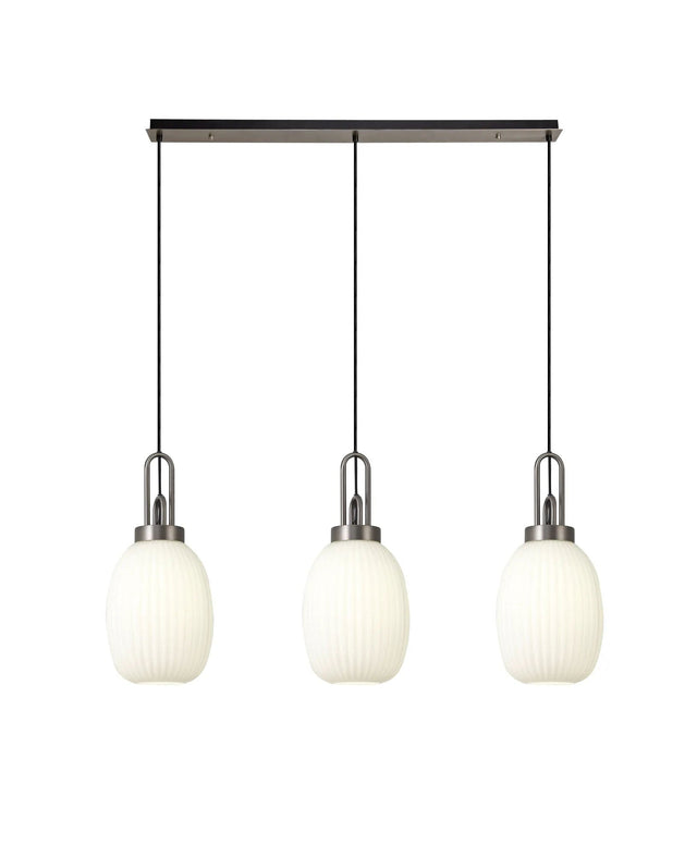 Allardyce Linear 3 Light Pendant With 20cm Almond Ribbed Glass, Antique Silver/Matt Black Opal