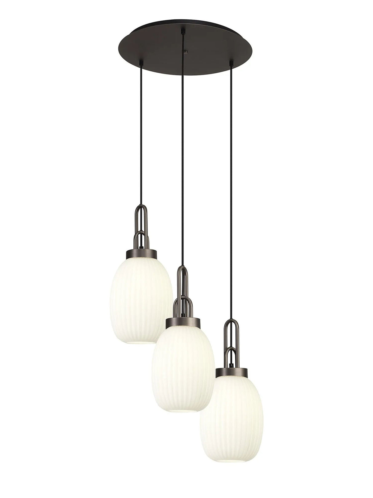 Allardyce Round 3 Light Pendant With 20cm Almond Ribbed Glass, Antique Silver/Matt Black Opal