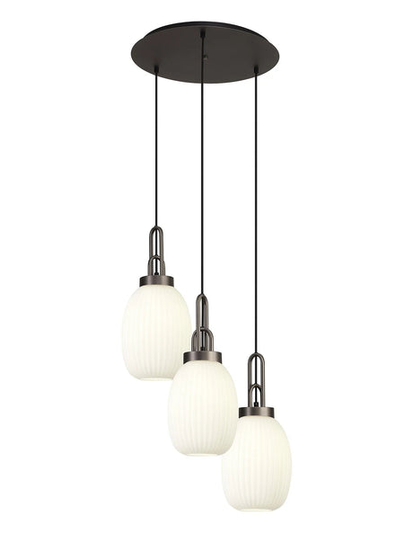 Allardyce Round 3 Light Pendant With 20cm Almond Ribbed Glass, Antique Silver/Matt Black Opal