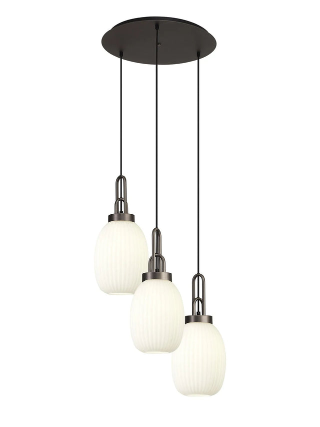 Allardyce Round 3 Light Pendant With 20cm Almond Ribbed Glass, Antique Silver/Matt Black Opal