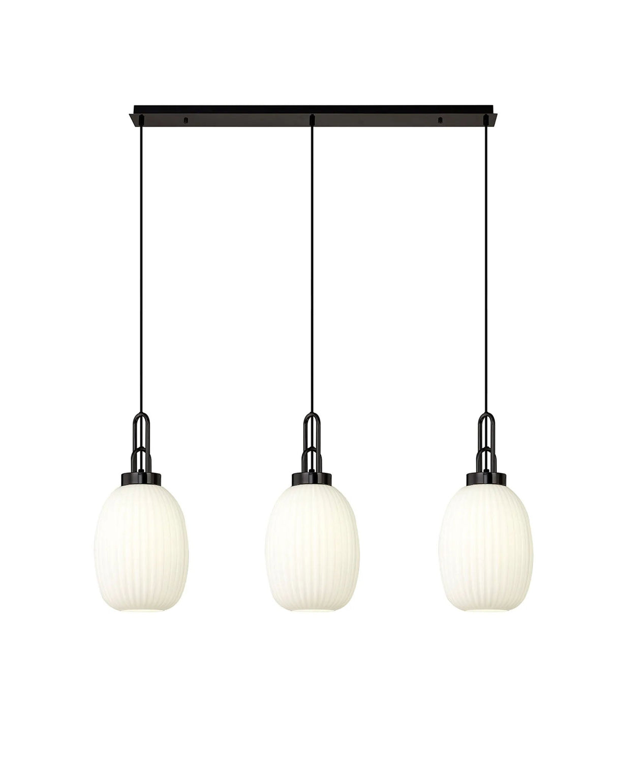 Allardyce Linear 3 Light Pendant With 20cm Almond Ribbed Glass, Black Chrome/Matt Black Opal