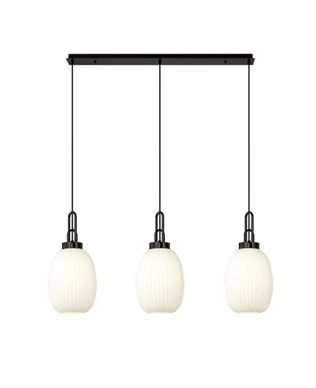 Allardyce Linear 3 Light Pendant With 20cm Almond Ribbed Glass, Black Chrome/Matt Black Opal