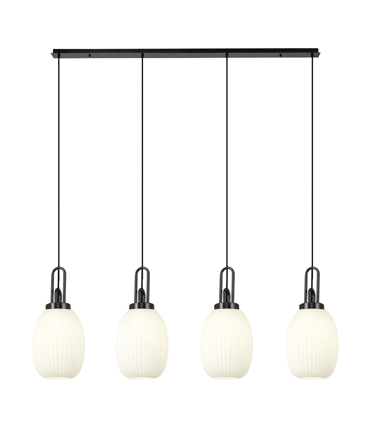 Allardyce Linear 4 Light Pendant With 20cm Almond Ribbed Glass, Black Chrome/Matt Black Opal