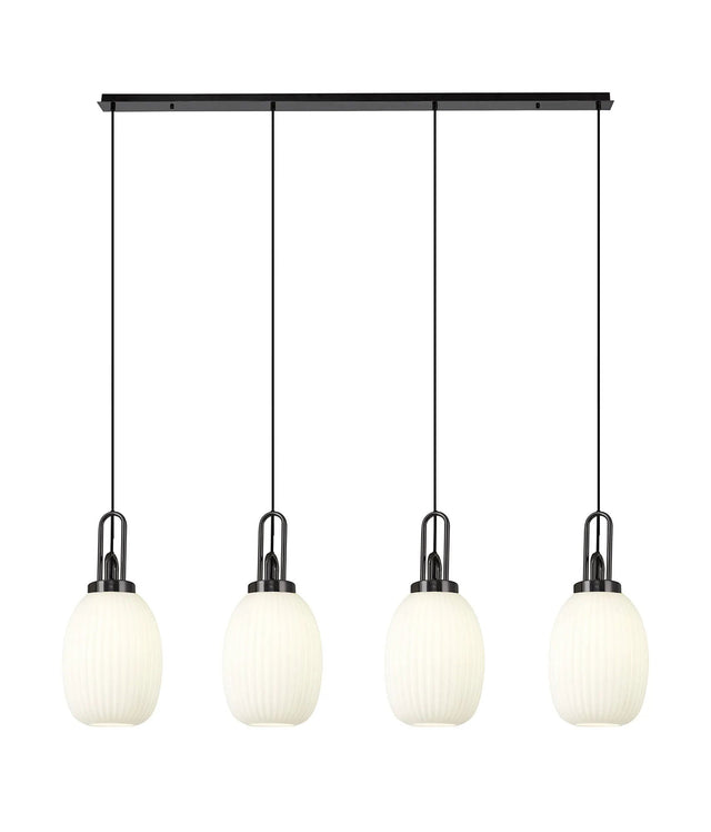 Allardyce Linear 4 Light Pendant With 20cm Almond Ribbed Glass, Black Chrome/Matt Black Opal