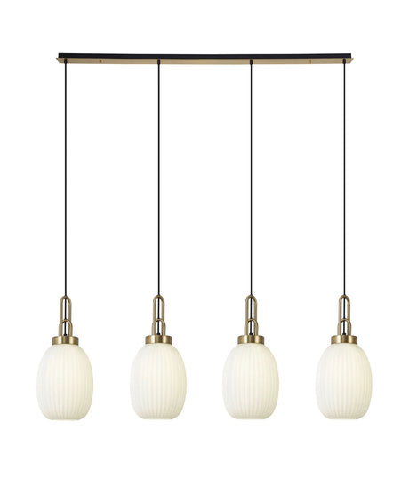 Allardyce Linear 4 Light Pendant With 20cm Almond Ribbed Glass, Brass Gold/Matt Black Opal