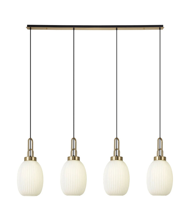 Allardyce Linear 4 Light Pendant With 20cm Almond Ribbed Glass, Brass Gold/Matt Black Opal