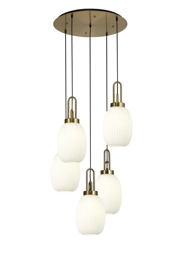 Allardyce Round 5 Light Pendant With 20cm Almond Ribbed Glass, Brass Gold/Matt Black Opal