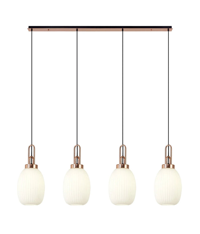 Allardyce Linear 4 Light Pendant With 20cm Almond Ribbed Glass, Copper/Matt Black Opal