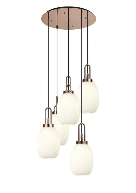 Allardyce Round 5 Light Pendant With 20cm Almond Ribbed Glass, Copper/Matt Black Opal