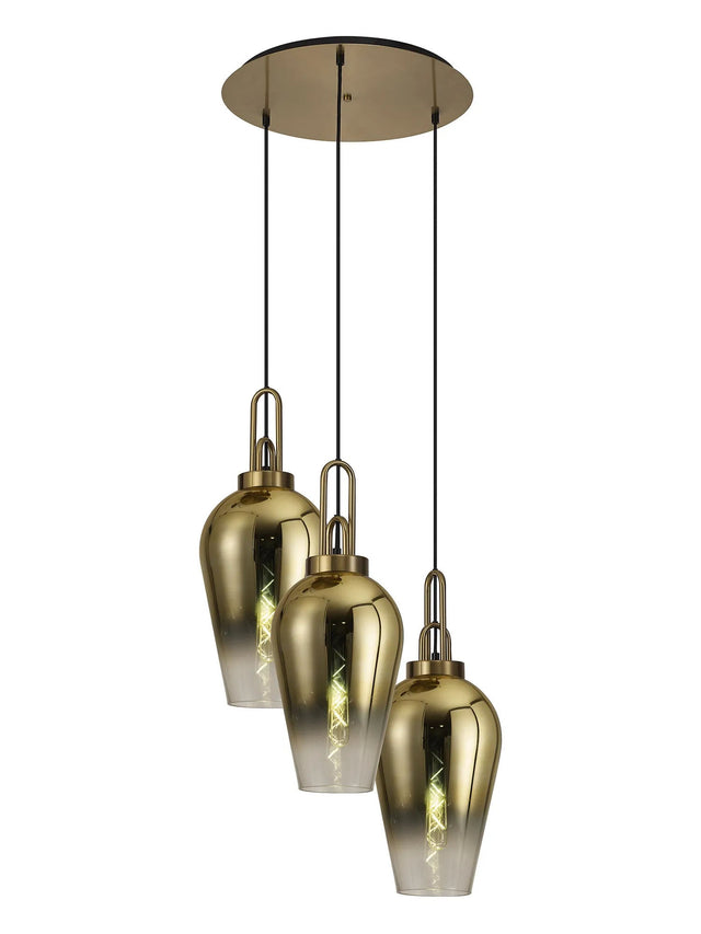 Allardyce Round 3 Light Pendant With 23cm Pear Glass, Brass Gold/Matt Black Brass Gold/Clear