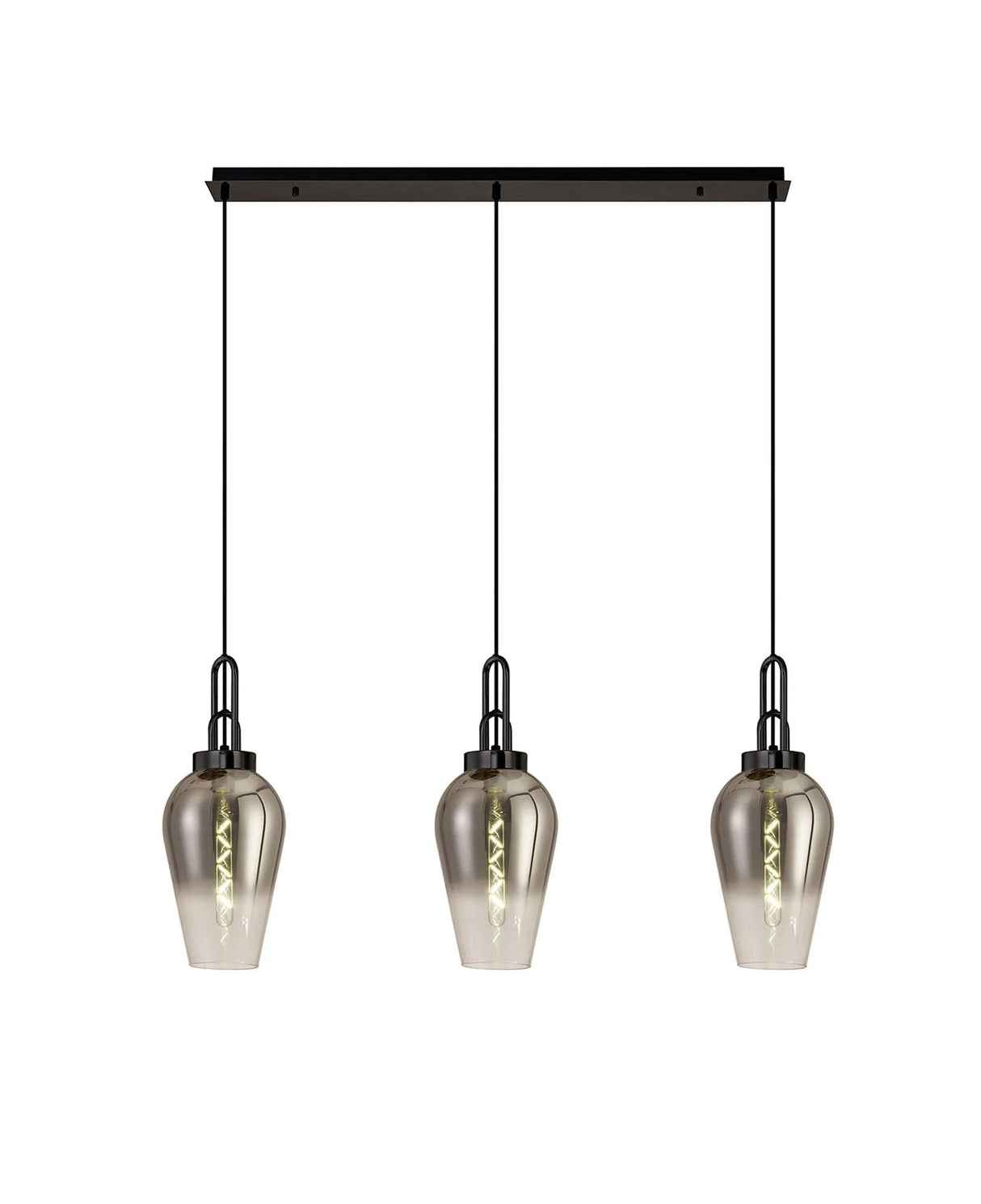 Allardyce Linear 3 Light Pendant E27 With 23cm Pear Glass, Smoked/Clear Black Chrome/Matt Black