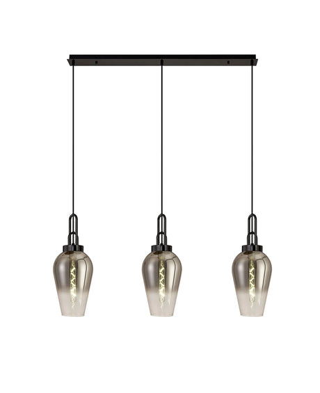 Allardyce Linear 3 Light Pendant E27 With 23cm Pear Glass, Smoked/Clear Black Chrome/Matt Black