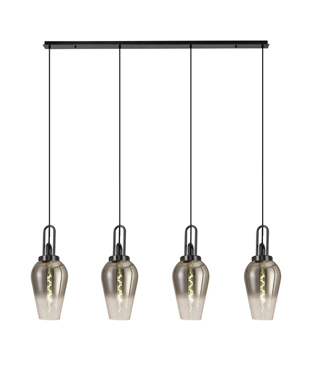 Allardyce Linear 4 Light Pendant E27 With 23cm Pear Glass, Smoked/Clear Black Chrome/Matt Black