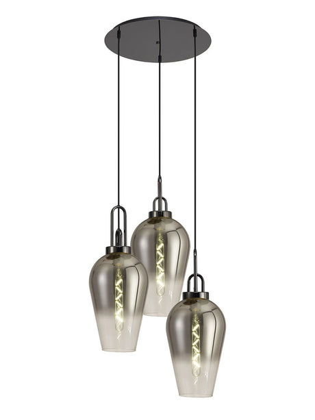 Allardyce Round 3 Light Pendant With 23cm Pear Glass, Black Chrome/Matt Black Smoked/Clear