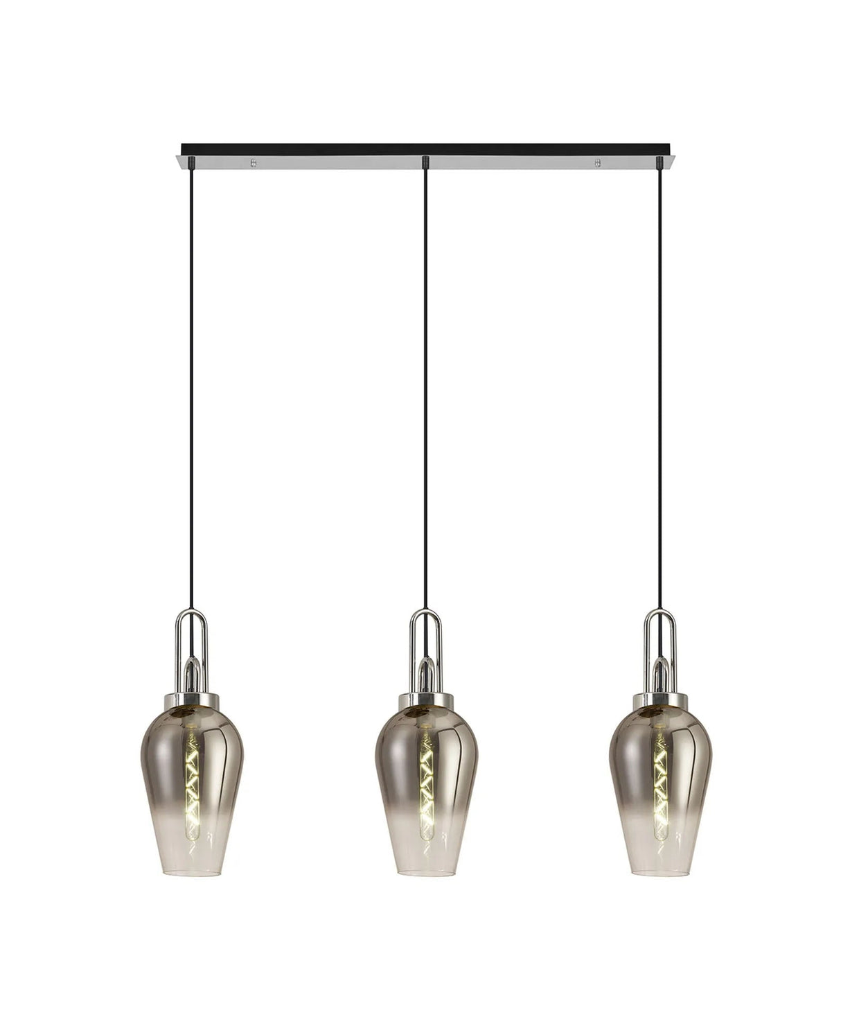 Allardyce Linear 3 Light Pendant E27 With 23cm Pear Glass, Smoked/Clear Polished Nickel/Matt Black