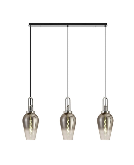 Allardyce Linear 3 Light Pendant E27 With 23cm Pear Glass, Smoked/Clear Polished Nickel/Matt Black