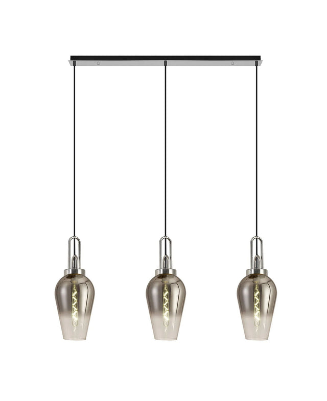 Allardyce Linear 3 Light Pendant E27 With 23cm Pear Glass, Smoked/Clear Polished Nickel/Matt Black
