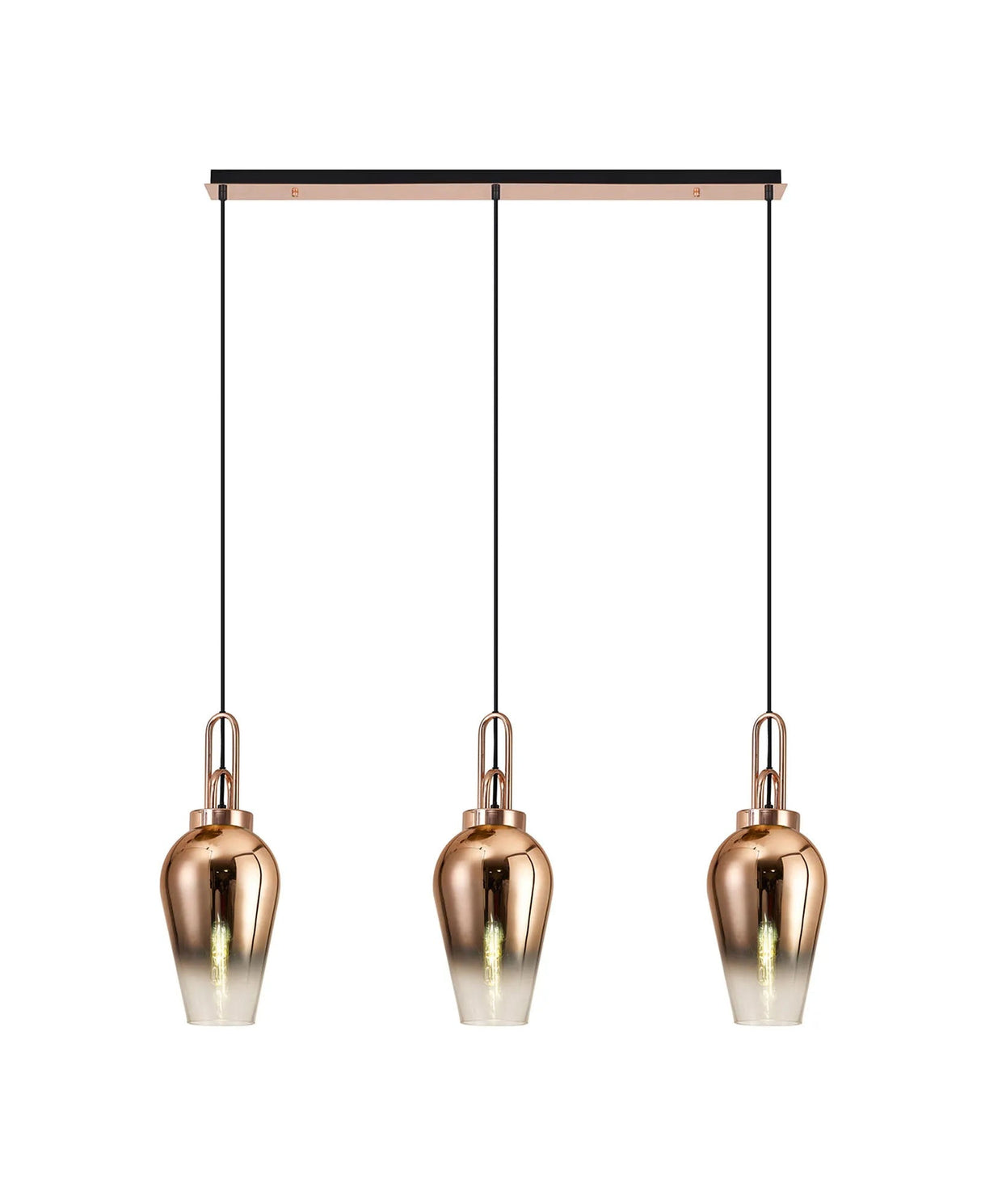 Allardyce Linear 3 Light Pendant E27 With 23cm Pear Glass, Copper/Clear Copper/Matt Black