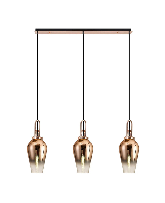Allardyce Linear 3 Light Pendant E27 With 23cm Pear Glass, Copper/Clear Copper/Matt Black