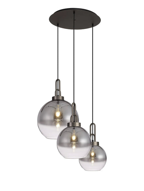 Allardyce 2m Round Pendant 3 x E27 With Various Glasses, Antique Silver/Smoked/Matt Black