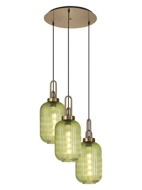 Allardyce 2m Round Pendant 3 x E27 With 20cm Tubular Ribbed Glass, Brass Gold/Green/Matt Black
