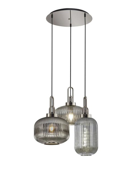 Allardyce 2m Round Pendant 3 x E27 With Various Glasses, Polished Nickel/Smoked/Matt Black