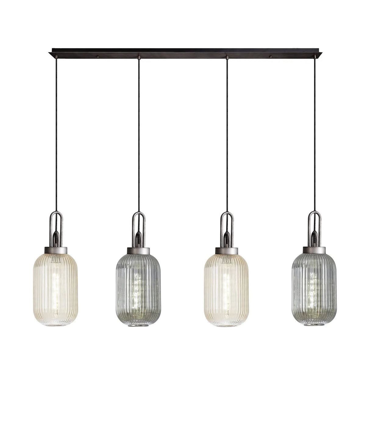 Allardyce Linear Pendant 4 x E27 With 20cm Tubular Ribbed Glass, Aged Pewter/Champagne/Smoked/Matt Black