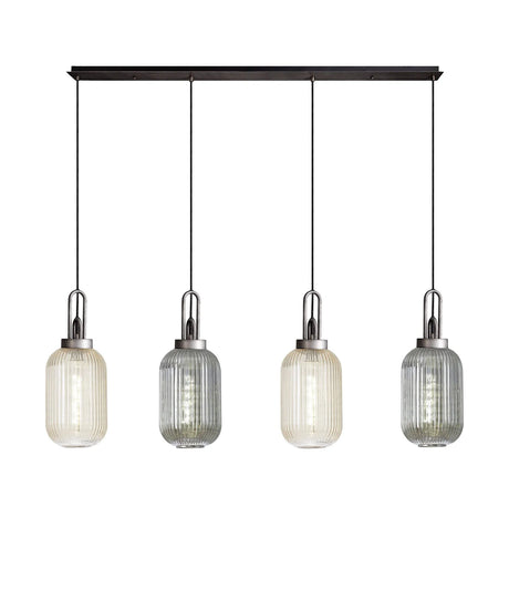 Allardyce Linear Pendant 4 x E27 With 20cm Tubular Ribbed Glass, Aged Pewter/Champagne/Smoked/Matt Black