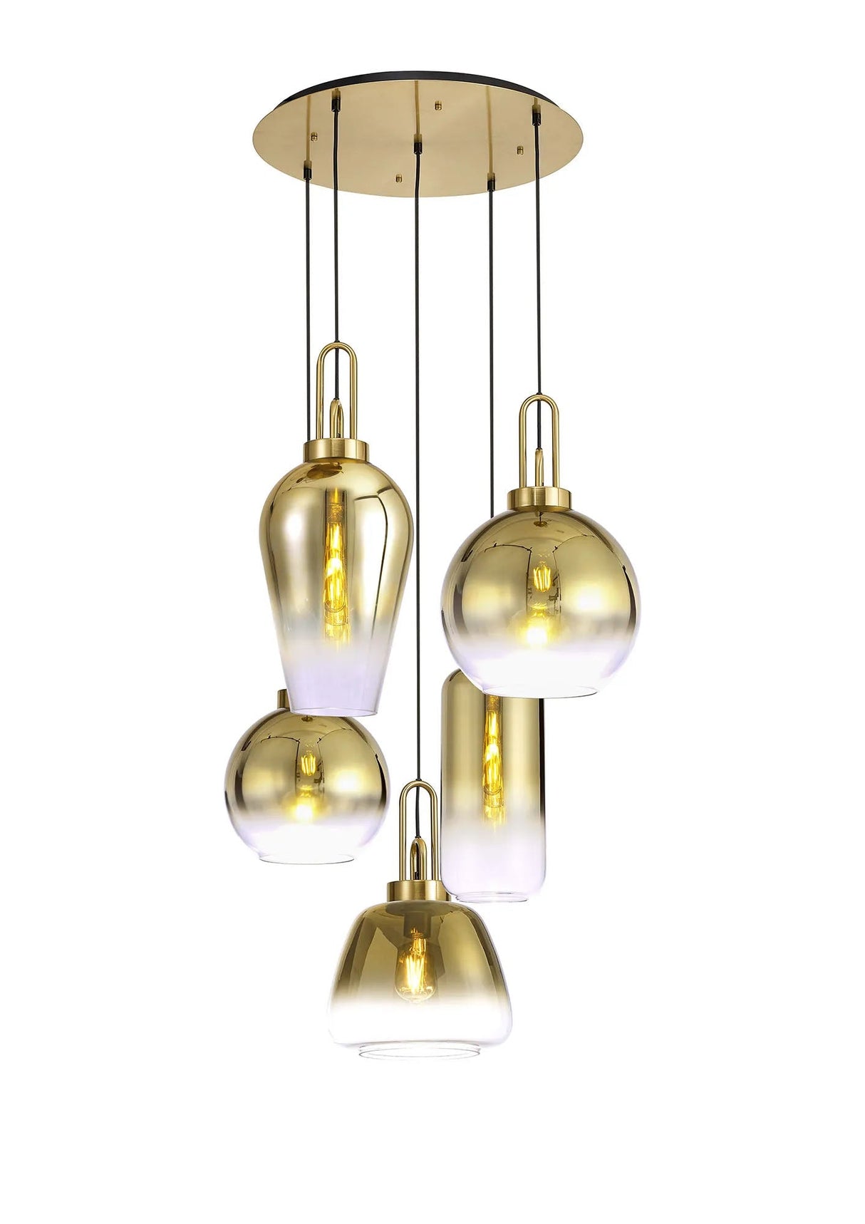 Allardyce 2.5m Round Pendant 5 x E27 With Various Glasses, Brass Gold/Matt Black
