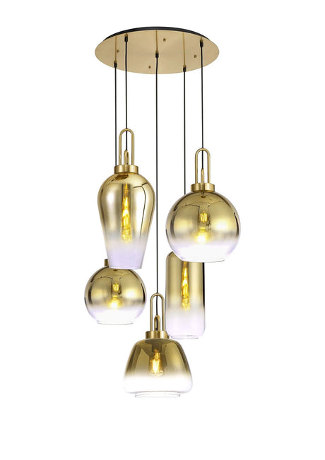 Allardyce 2.5m Round Pendant 5 x E27 With Various Glasses, Brass Gold/Matt Black