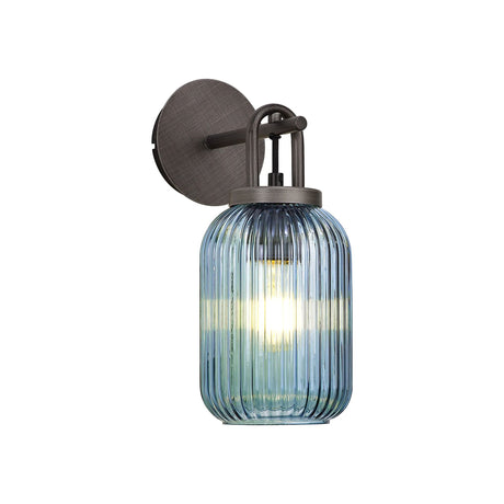 Allardyce Wall Light Switched, 1 x E27, Aged Pewter With 14cm Tubular Ribbed Glass, Petrol Blue