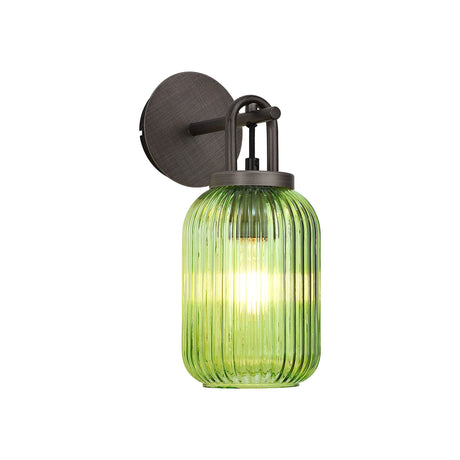 Allardyce Wall Light Switched, 1 x E27, Aged Pewter With 14cm Tubular Ribbed Glass, Green