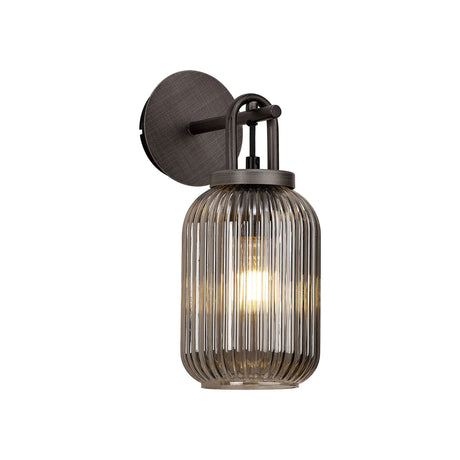 Allardyce Wall Light Switched, 1 x E27, Aged Pewter With 14cm Tubular Ribbed Glass, Smoked