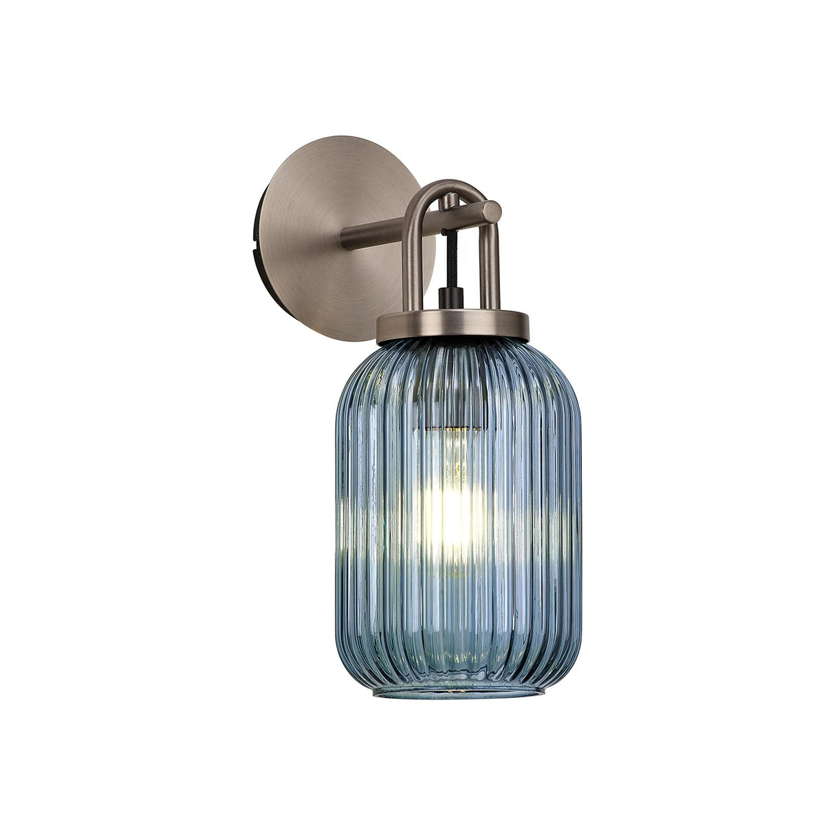 Allardyce Wall Light Switched, 1 x E27, Antique Silver With 14cm Tubular Ribbed Glass, Petrol Blue