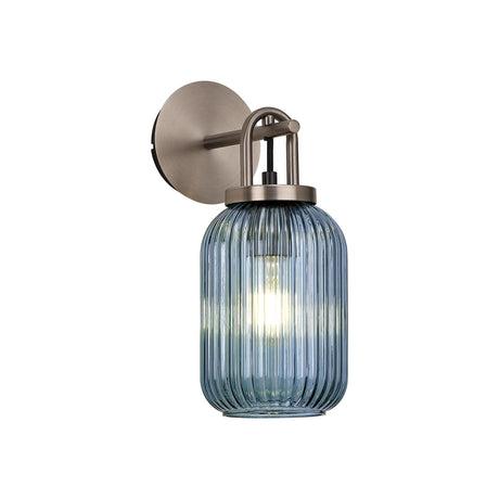 Allardyce Wall Light Switched, 1 x E27, Antique Silver With 14cm Tubular Ribbed Glass, Petrol Blue