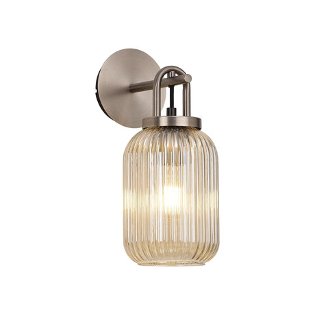Allardyce Wall Light Switched, 1 x E27, Antique Silver With 14cm Tubular Ribbed Glass, Champagne