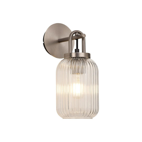 Allardyce Wall Light Switched, 1 x E27, Antique Silver With 14cm Tubular Ribbed Glass, Clear
