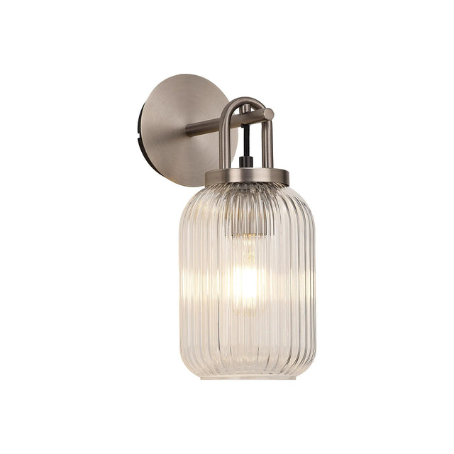 Allardyce Wall Light Switched, 1 x E27, Antique Silver With 14cm Tubular Ribbed Glass, Clear