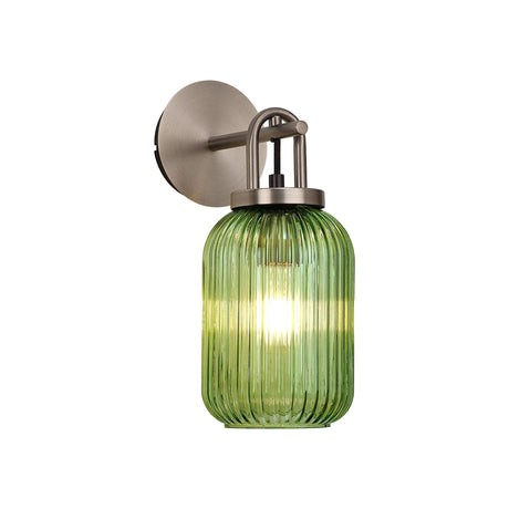 Allardyce Wall Light Switched, 1 x E27, Antique Silver With 14cm Tubular Ribbed Glass, Green
