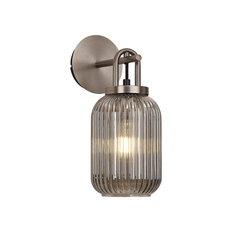Allardyce Wall Light Switched, 1 x E27, Antique Silver With 14cm Tubular Ribbed Glass, Smoked